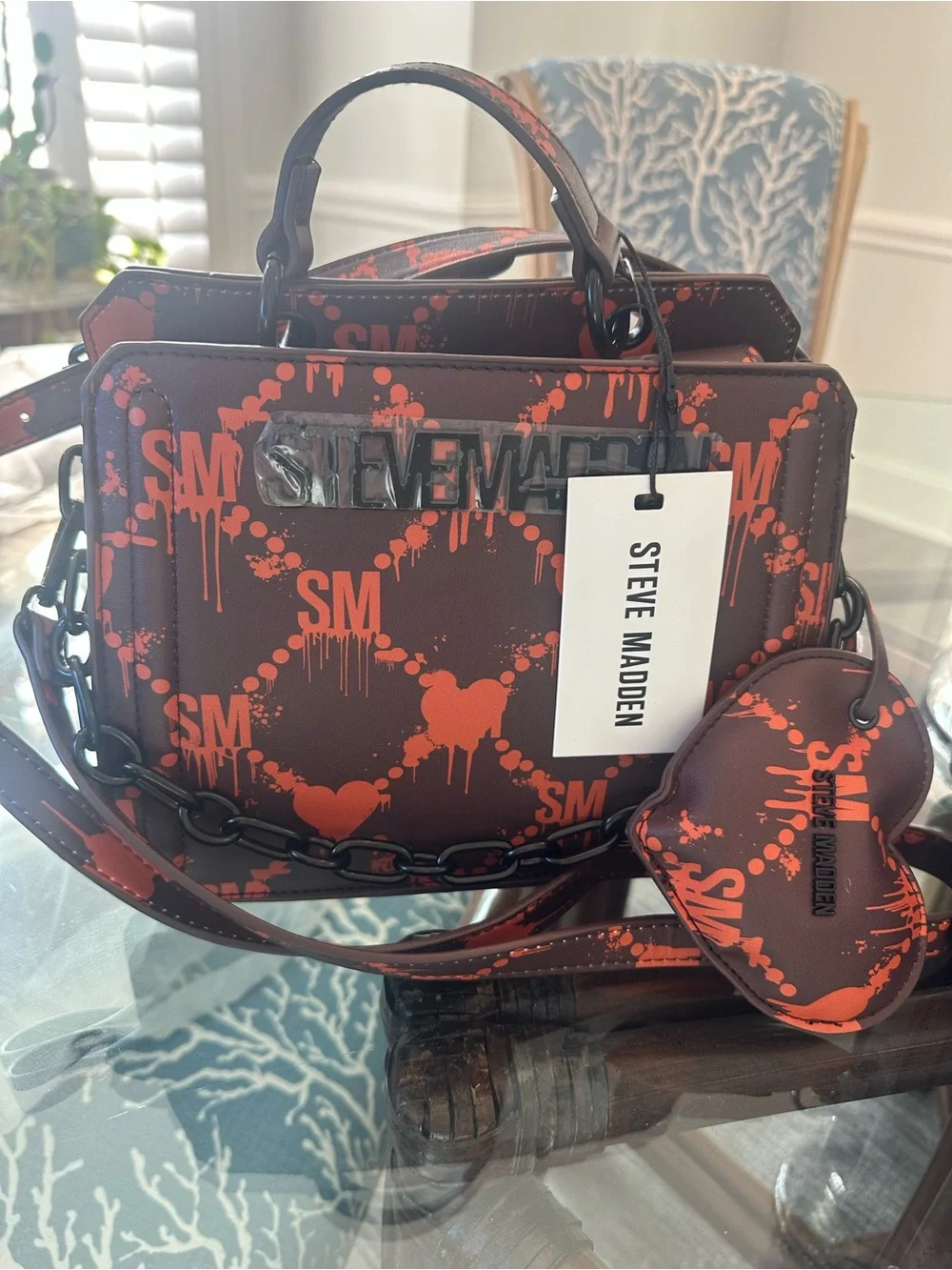 Steve Madden Bevelyn Hearts Satchel in Black & Orange